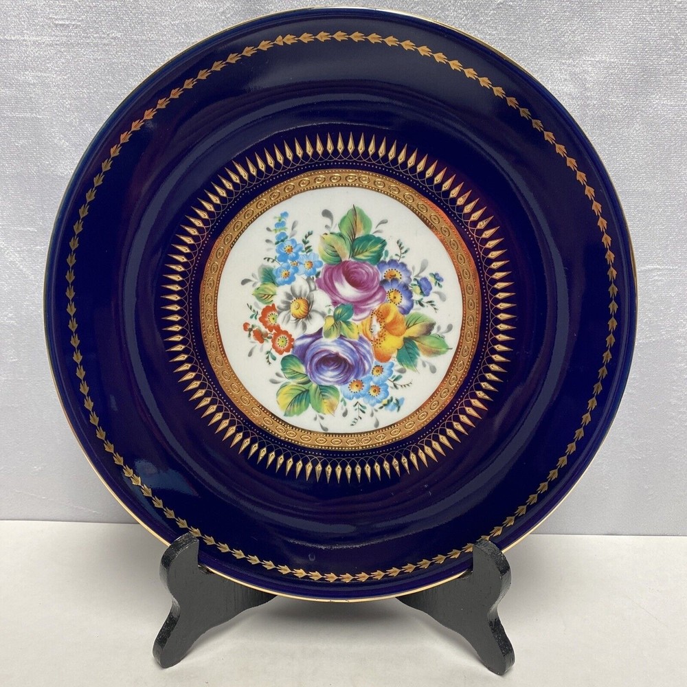 Roman Style Plate Blue With Pink Blue Yellow & More Florals  10.25” gold Trimmed